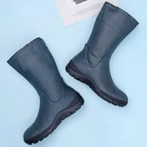 Wide Fit Handmade Leather Side Zip Calf Length Boots For Cold Winter Designer Shoes Black/Blue