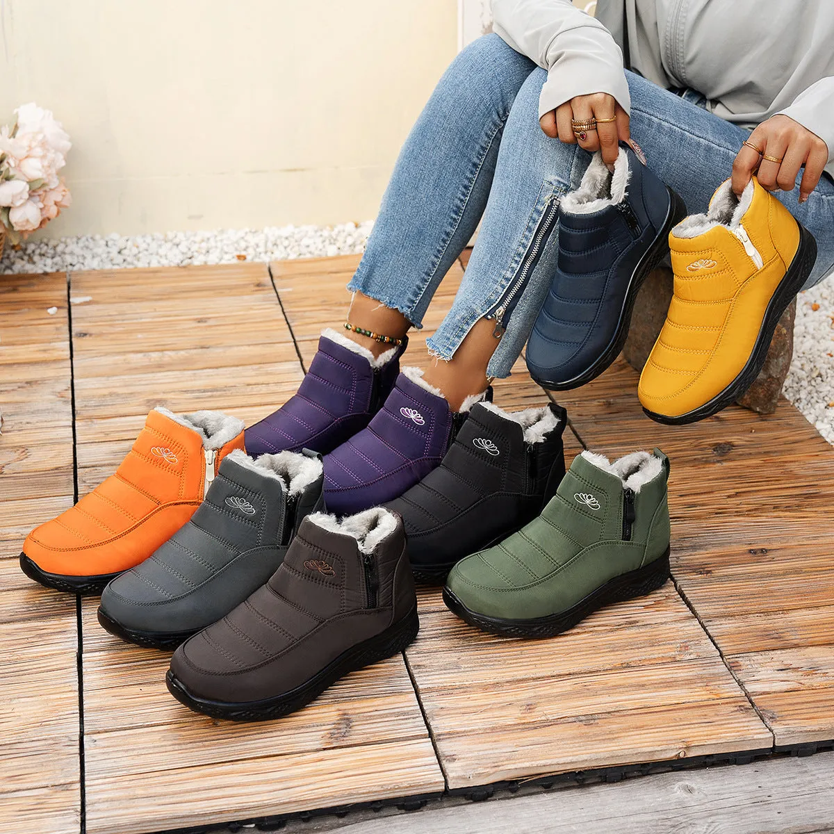 Winter Snow Boots with Zipper, Warm Plush Fleece Ankle Boots