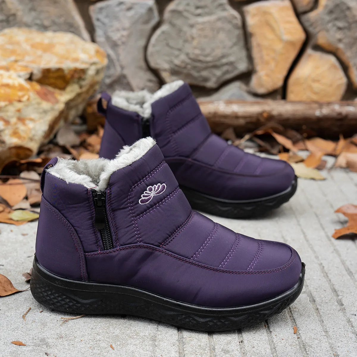 Winter Snow Boots with Zipper, Warm Plush Fleece Ankle Boots