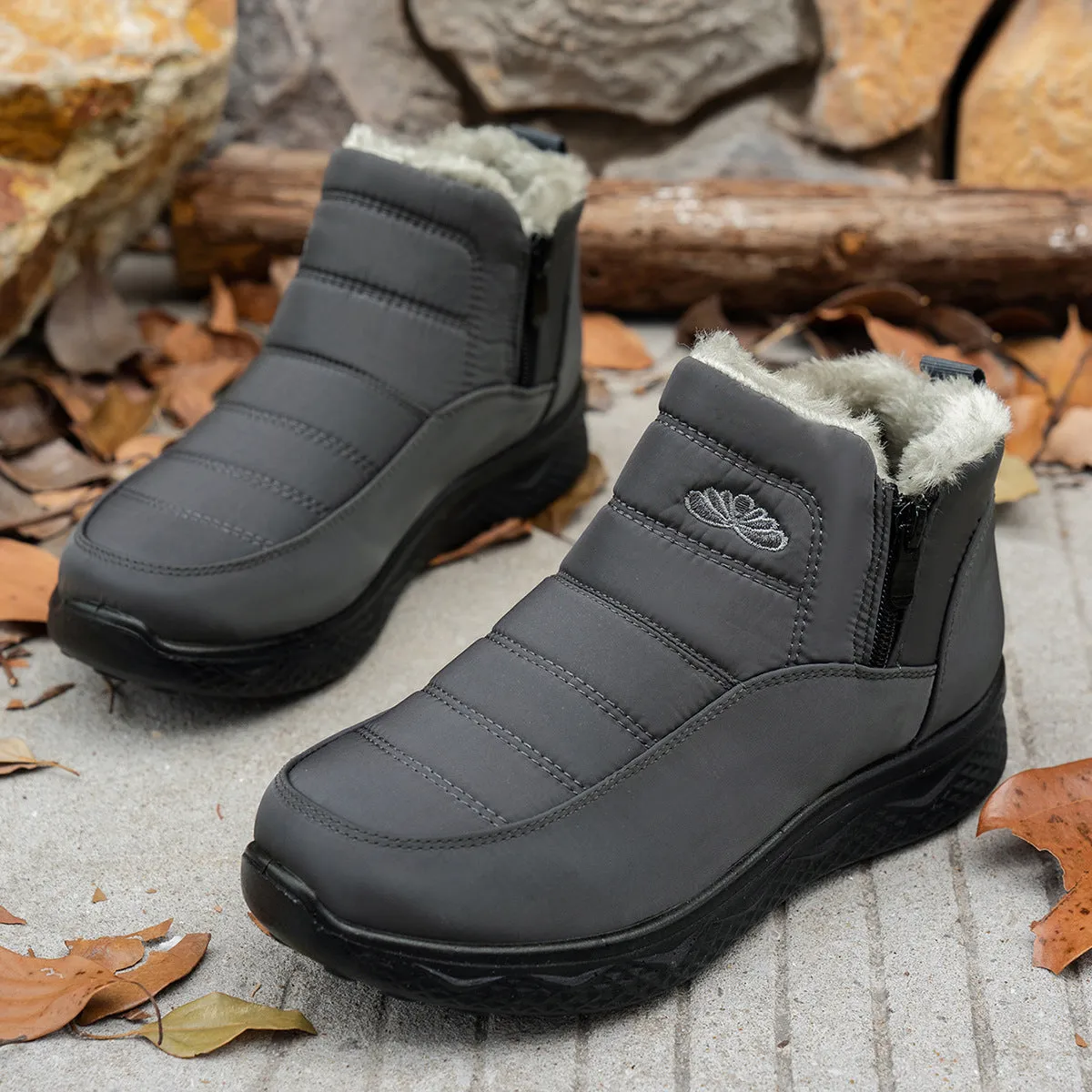 Winter Snow Boots with Zipper, Warm Plush Fleece Ankle Boots