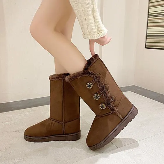 Women flatform mid calf buttons faux fur warm winter snow boots