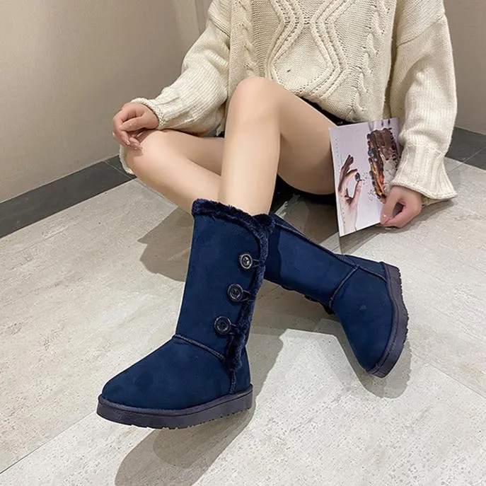 Women flatform mid calf buttons faux fur warm winter snow boots