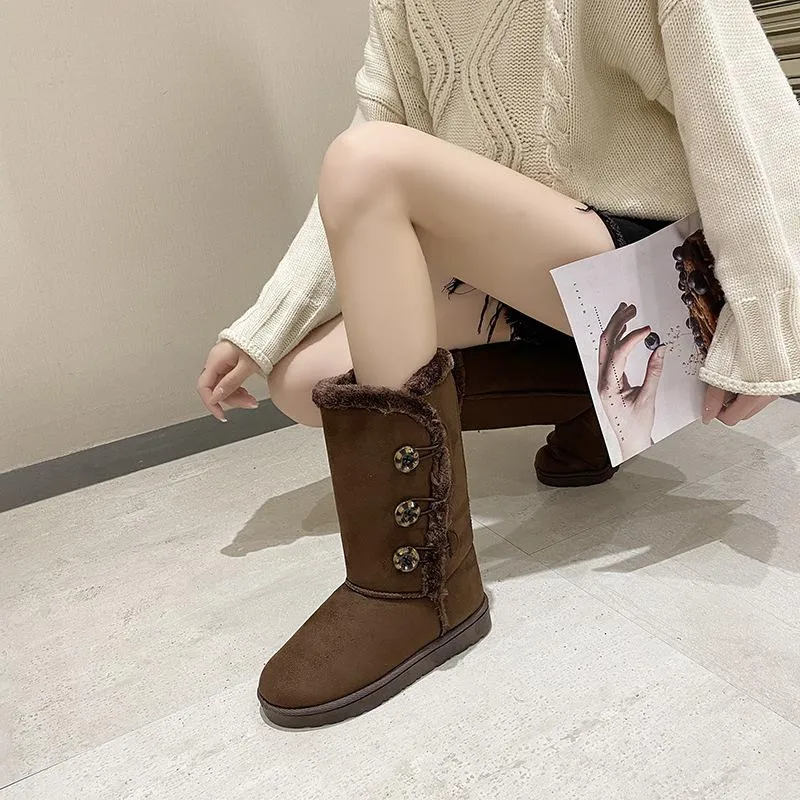 Women flatform mid calf buttons faux fur warm winter snow boots