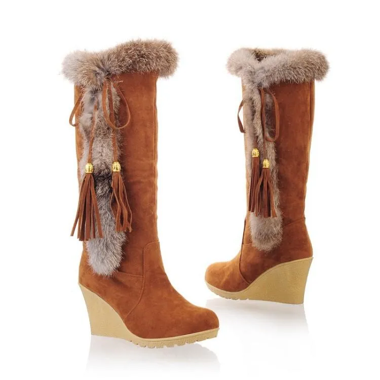 Women Keep Warm Lining Faux Fur Wedge High Heel Fringe Snow Boots