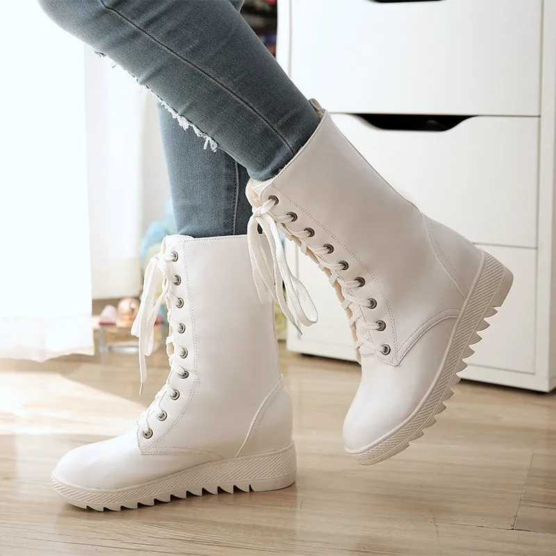 Women mid calf boots lace up non slip chunky platform boots