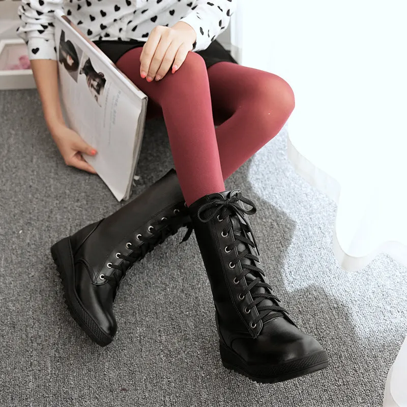 Women mid calf boots lace up non slip chunky platform boots