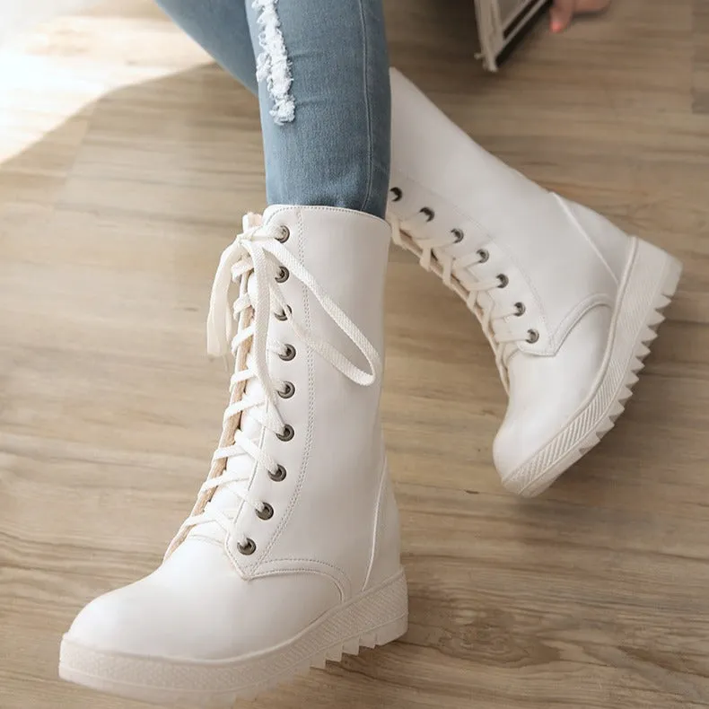 Women mid calf boots lace up non slip chunky platform boots