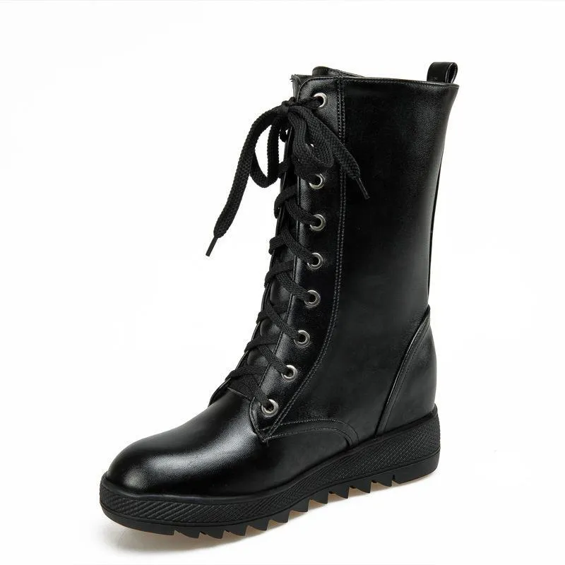 Women mid calf boots lace up non slip chunky platform boots