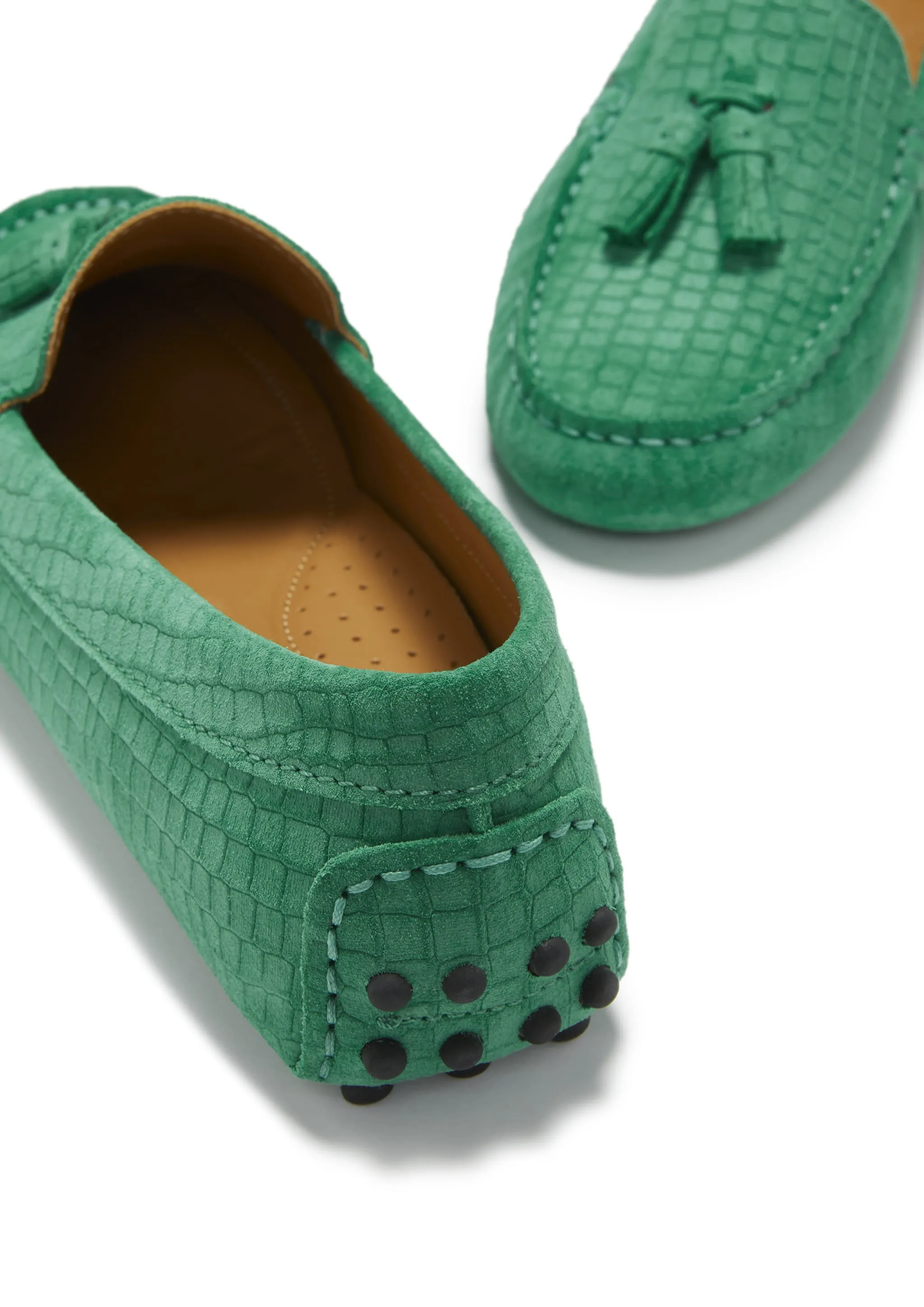 Women's Tasselled Driving Loafers, emerald embossed suede